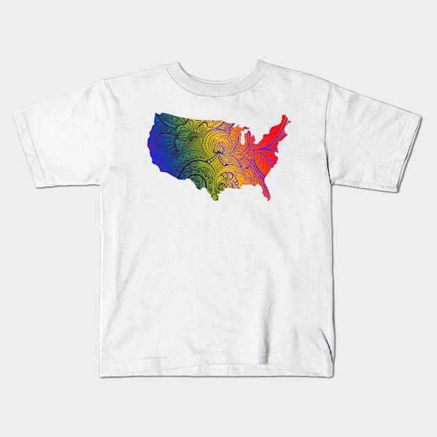 Colorful mandala art map of the United States of America in blue, yellow and red with dark hues Kids T-Shirt by Happy Citizen